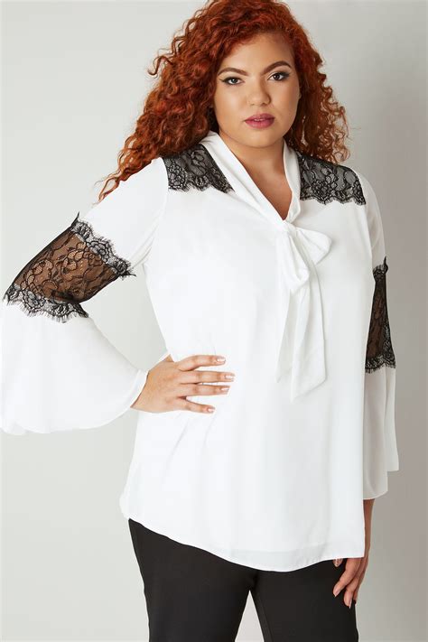 yours london white and black pussy bow chiffon blouse with lace inserts plus size 16 to 32