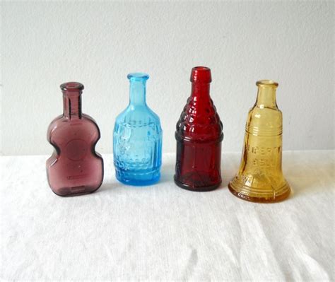 4 Miniature Colored Glass Bottles Figural By Momsantiquesnthings