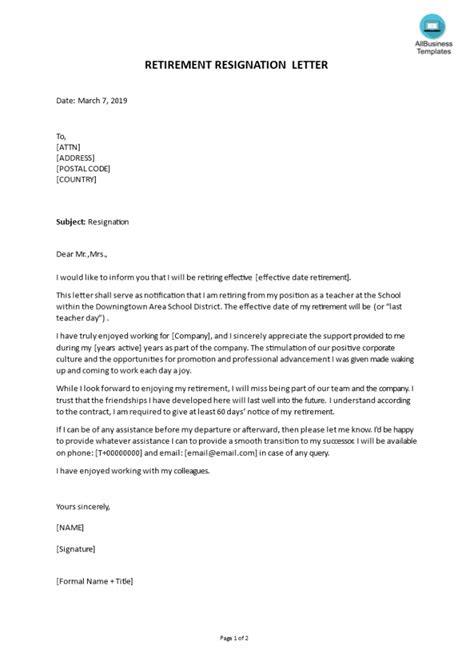 retirement resignation letter sample  letter templates