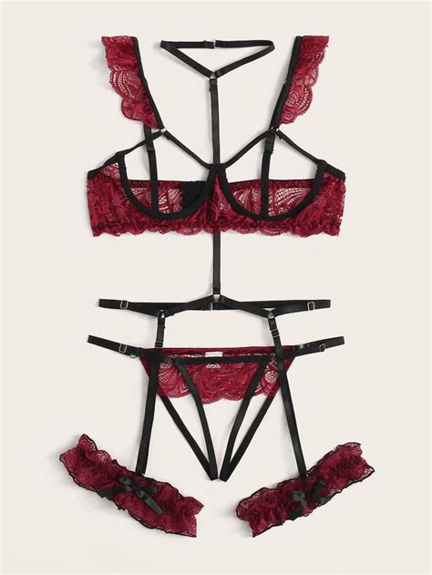 Floral Lace Underwire Garter Lingerie Set With Choker Shein
