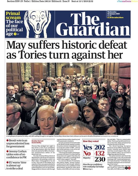 brextinct front pages  wednesday  mays brexit vote defeat politics  guardian