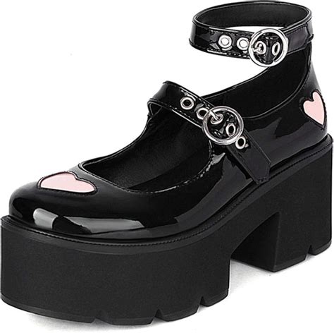 qscq women belt buckle heart gothic lolita shoes girl platform chunky