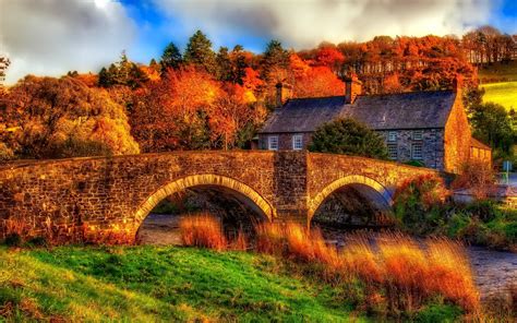 autumn river bridge house trees hdr scenery wallpaper