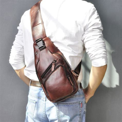 men original crazy horse leather casual fashion crossbody chest sling bag design travel