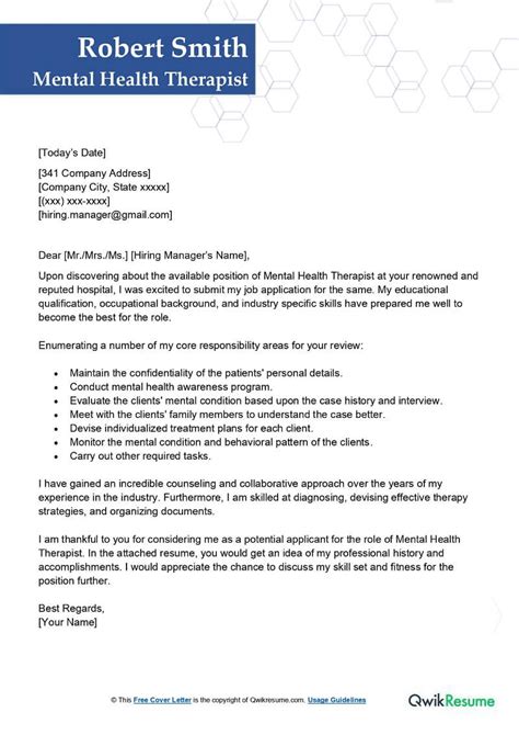 mental health therapist cover letter examples qwikresume