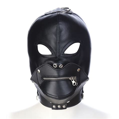 Leather Full Gimp Mask Hood Zipper Mouth Gag Open Eyes
