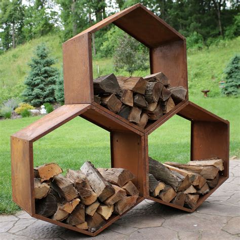 sunnydaze log rack  steel rustic finish hexagon firewood storage