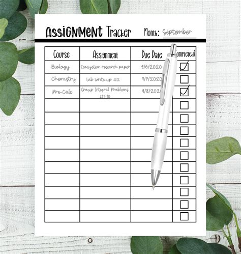 assignment tracker printable student planner college etsy