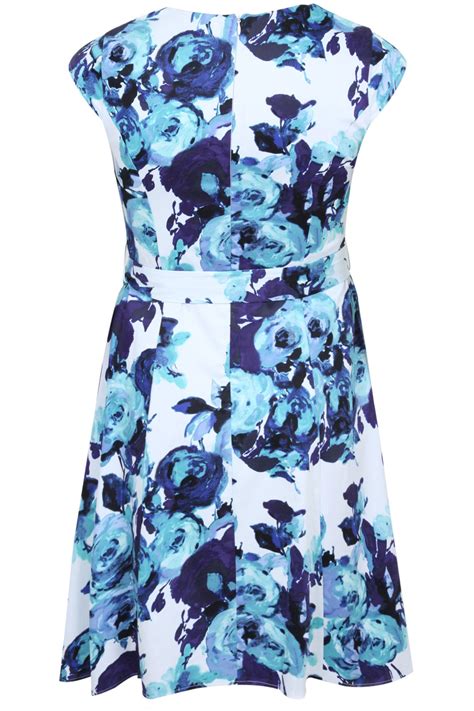 white blue floral print fit flare dress  size