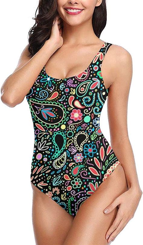 women s athletic one piece swimsuits u neck high paisley repeat