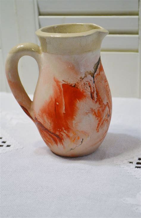 Vintage Nemadji Pottery Pitcher Red Swirl Art Pottery Usa Etsy