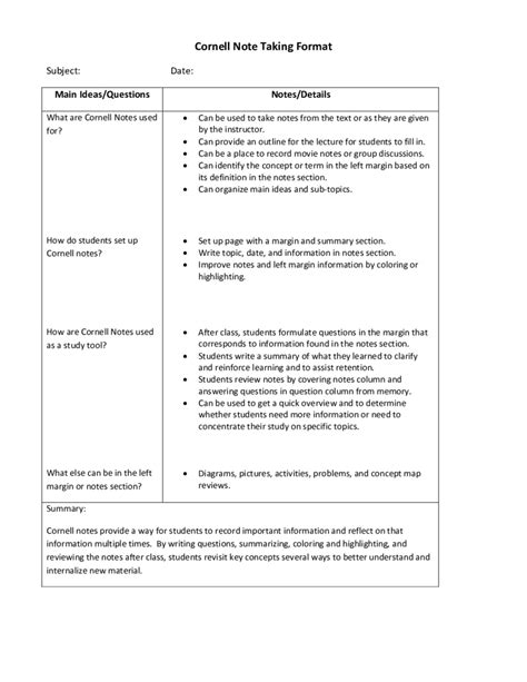 cornell notes template fillable printable  forms handypdf