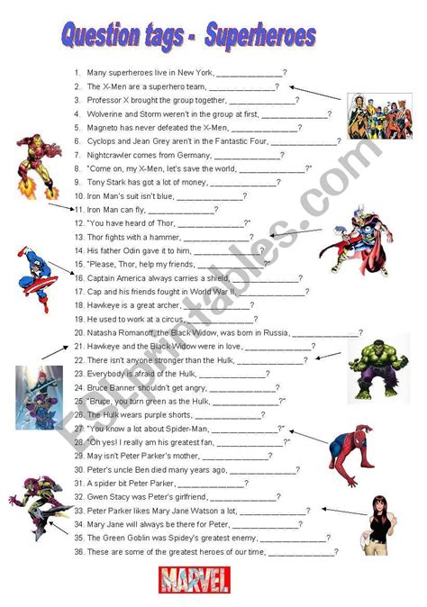 question tags marvel comics superheroes esl worksheet  dottel