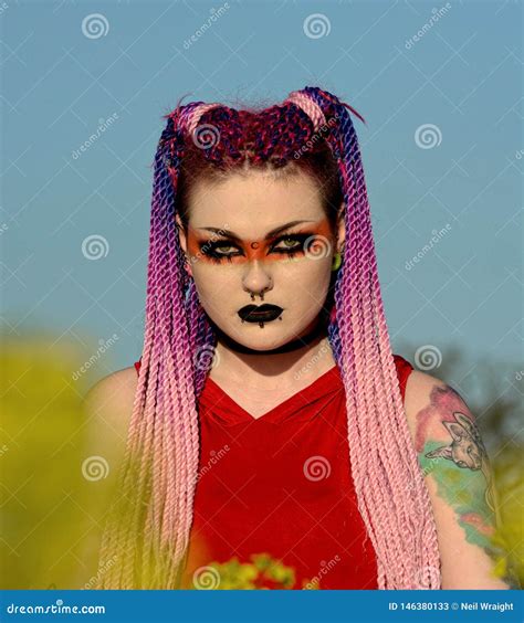 gothic girl tattoo`s braided hair eye make up stock image image of