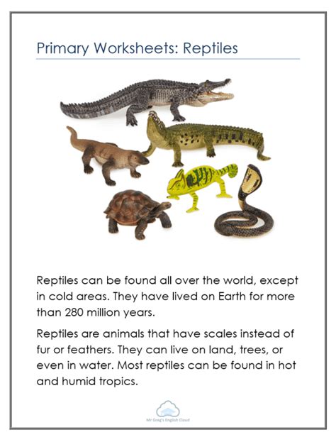 primary worksheets reptiles  gregs english cloud