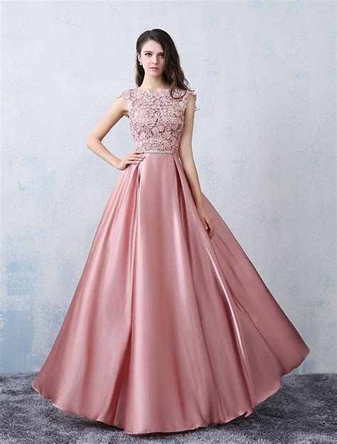 beautiful party dresses  square neckline applique lace pink satin