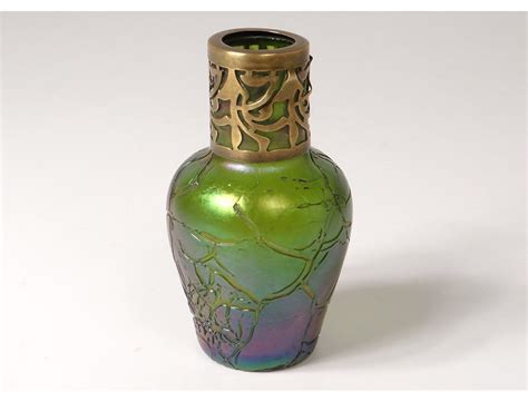Small Vase Iridescent Glass Loetz Bohemia Austria Gilded Brass Art