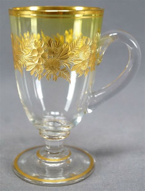 Moser Intaglio Engraved And Gold Floral Clear And Green Crystal Coffee Cups