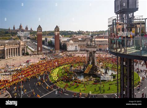 barcelona city espana square human montjuich hill diada spain europe catalonia