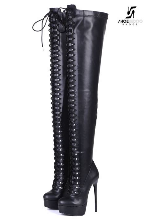 Black Lace Up Giaro High 16cm Heeled Thigh Boots