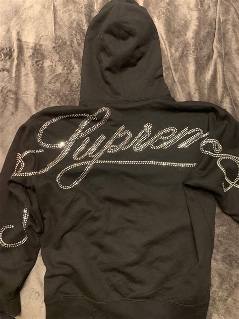 supreme rhinestone script hoodie grailed