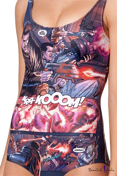 One Piece Straps Swimsuit With Cartoon Comic Print