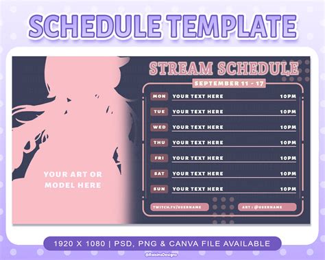 stream schedule template  twitch youtube  black  pink  schedule