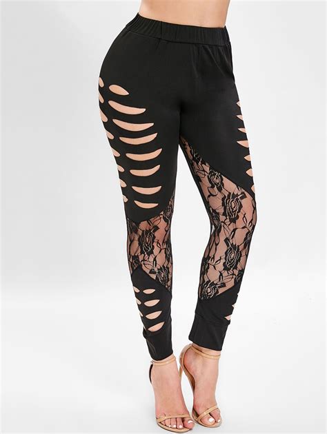 Wipalo Women Plus Size Floral Lace Panel Ripped Leggings 5xl Cut Out