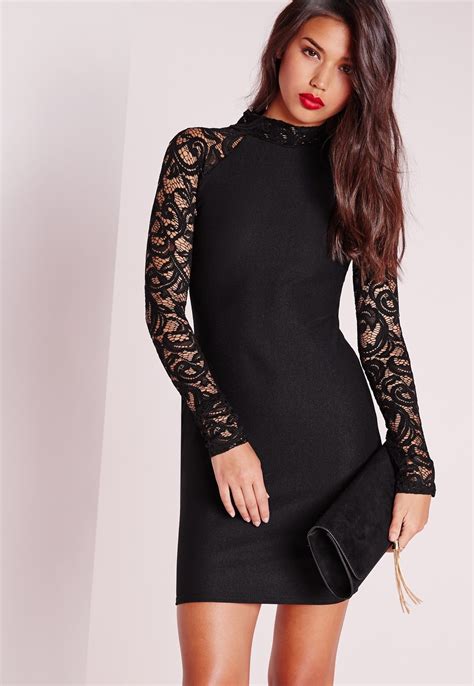 Missguided Lace Long Sleeve Bodycon Dress Black Black Lace Long