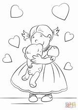 Coloring Pages Teddy Bear Hugging Girl Lovely Simple Printable Color Drawing sketch template