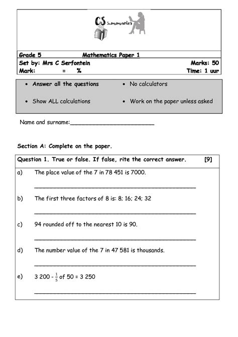 grade  math exam papers  memos irene earl   grade math