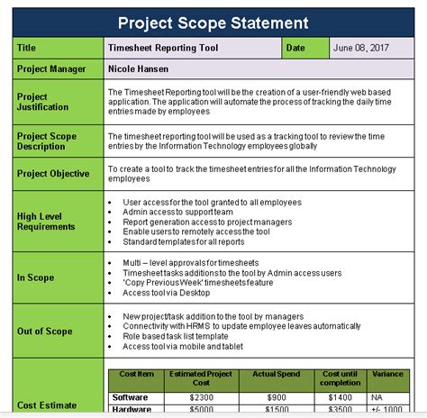 project scope statement template download now free project management templates