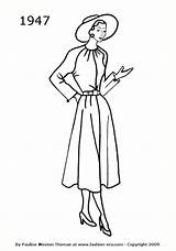 Fashion 1947 Silhouettes Dress 1940s Drawings 1950s Costume Colouring 1940 Template Coloring Era Pages 1950 History Line Drawing Sketch Suit sketch template