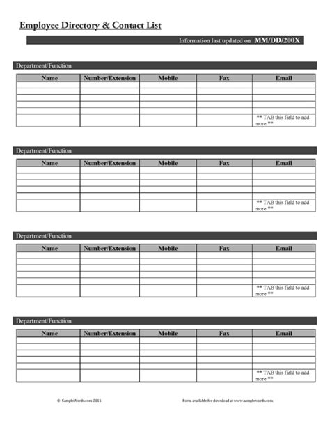 employee directory  contact list form microsoft word