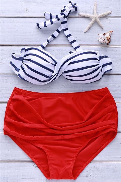 Retro Style Halterneck Striped High Waisted Bikini Set For Women