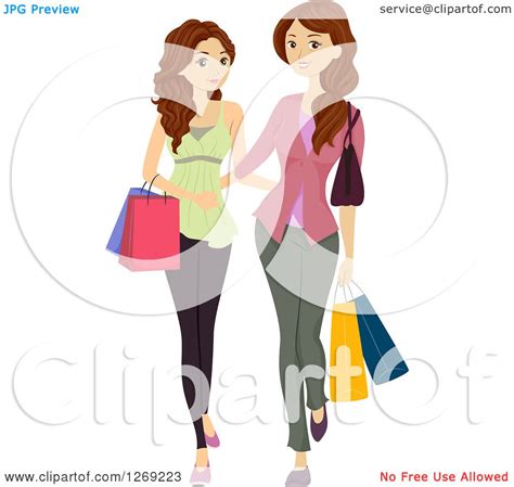 clipart of a brunette caucasian teen girl shopping with her mother royalty free vector