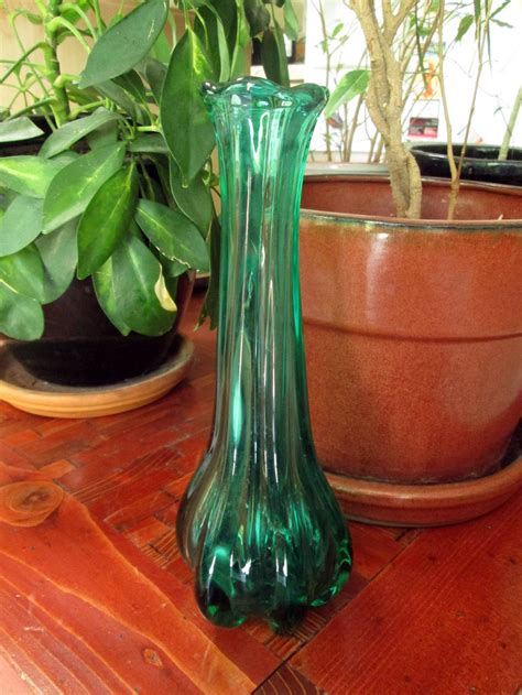 Green Glass Vase Vintage Small Sleek Single Flower Vase