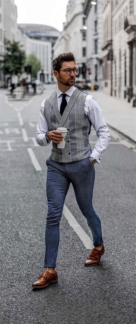 white shirt grey waistcoat tie  blue pant formal style  men