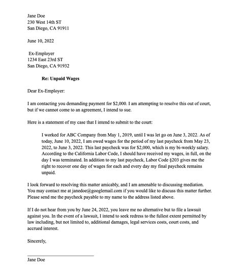 demand letter  unpaid wages  template