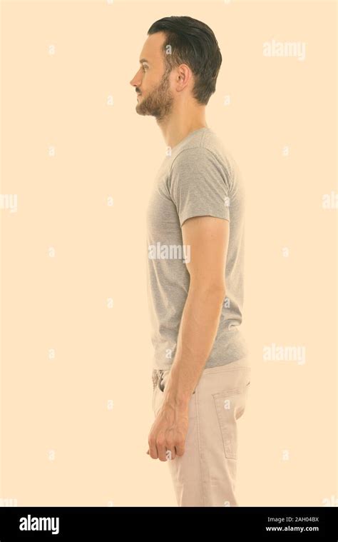 profile view  young man standing stock photo alamy