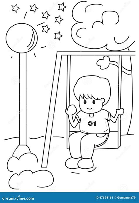 hand drawn coloring page   boy   swing stock illustration