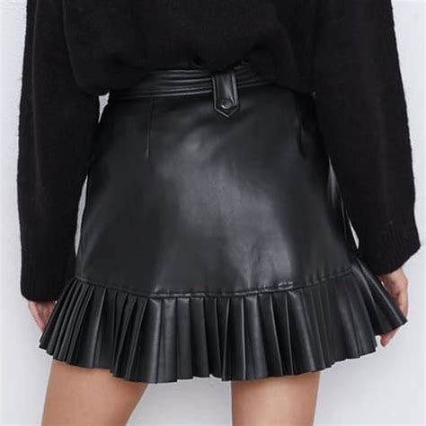 rr black pu skirts women fashion faux leather skirt women