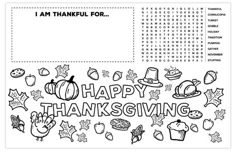 thanksgiving placemat  kids  printable activity  coloring page