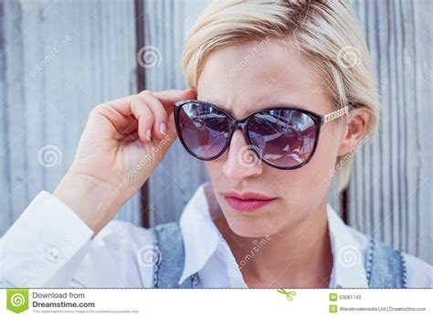 Pretty Blonde Woman Wearing Sun Glasses Stock Image Image Of Cheerful