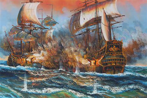jharvey large oil painting  canvas ships battle  sea signed