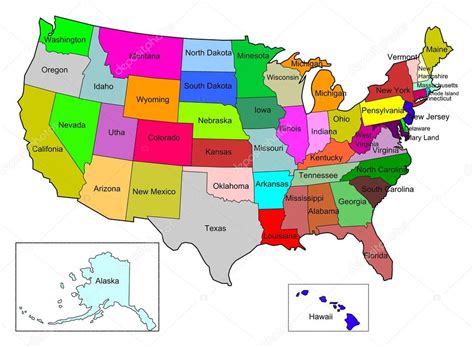 mapa de color de estados unidos con el nombre del estado — fotos de