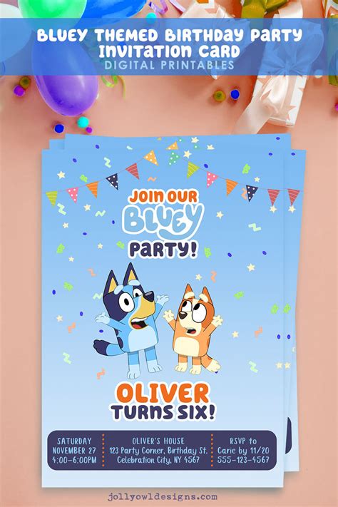 bluey themed birthday party invitation digital printable jolly owl