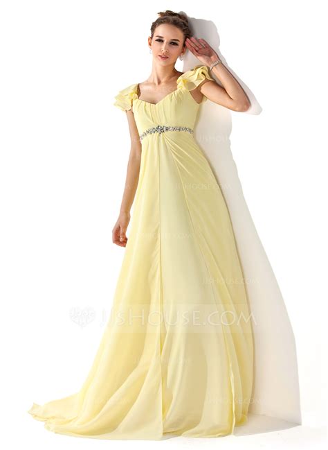 empire v neck sweep train chiffon prom dresses with ruffle beading