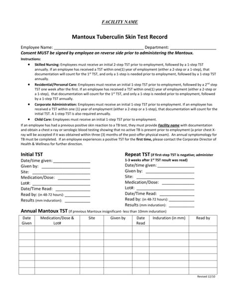 printable form monitoring employee mantoux test  nurses printable