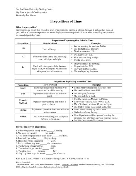 prepositions  time worksheet   higher ed lesson planet